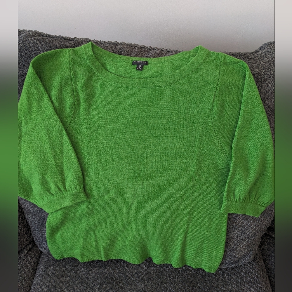 100% Cashmere Blouse Green Business Chic Minimalist Capsule Wardrobe Mid Sleeve